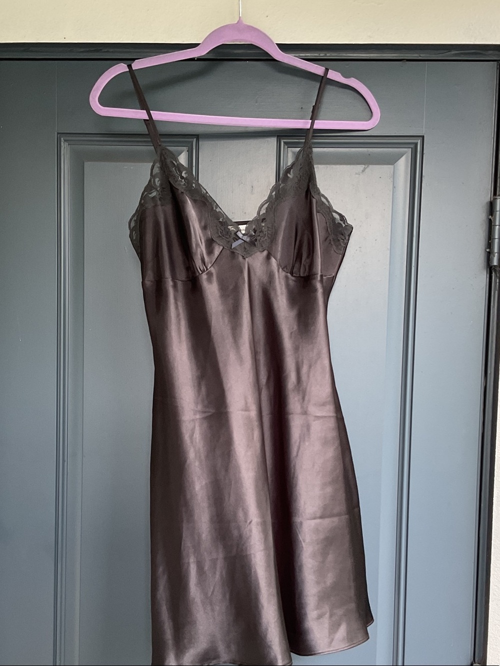 Adonna Black Satin Lace-Trim Slip Chemise, Size M